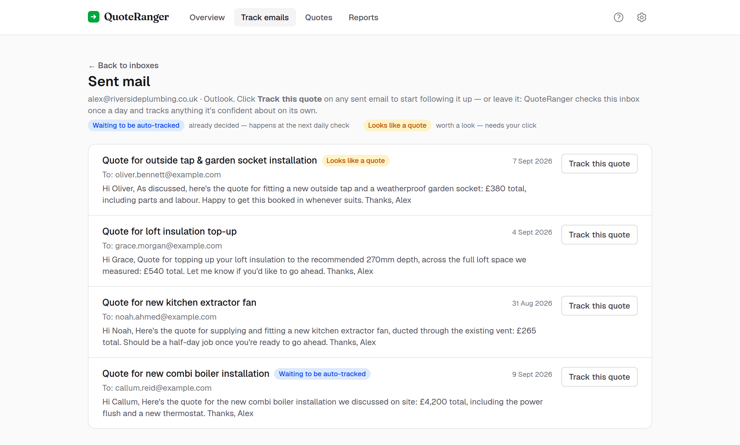 Sent mail view in QuoteRanger: one email already waiting to be auto-tracked, another flagged as looking like a quote but left alone