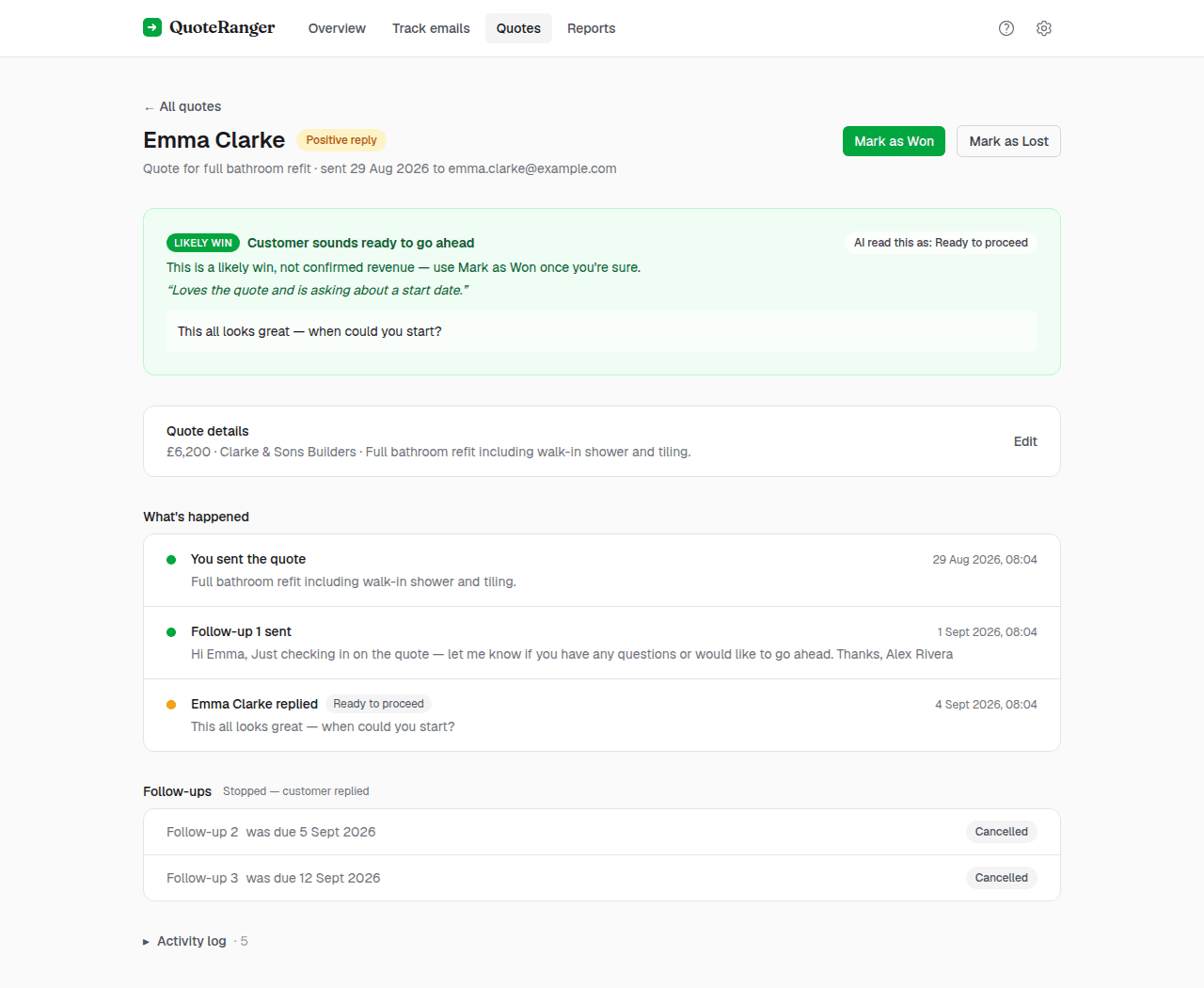 A quote detail page showing a positive customer reply flagged as a likely win, the quote's timeline, and its follow-up schedule